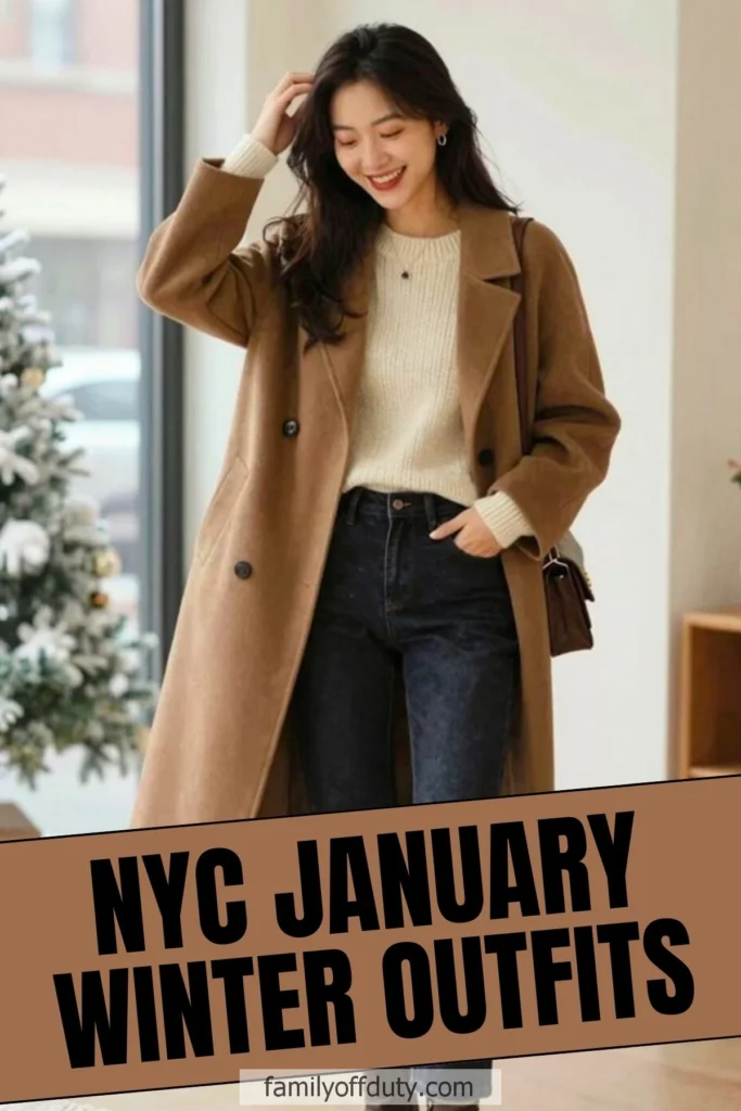 Woman in stylish winter coat, NYC January fashion, with a snowy backdrop. Trendy winter outfit ideas.