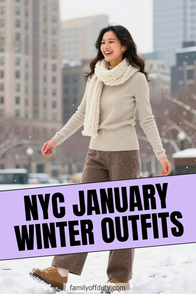 Woman in NYC winter fashion, wearing a cozy sweater and scarf in snowy urban setting.