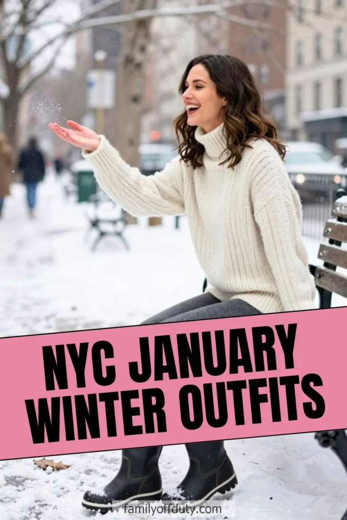Woman in NYC enjoying snow in cozy winter outfit, white sweater, and boots. Text reads: NYC January Winter Outfits.