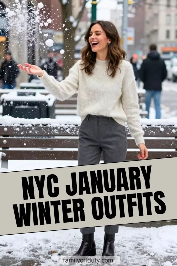 Woman in stylish winter outfit enjoying snowfall in NYC street. Text: NYC January Winter Outfits.