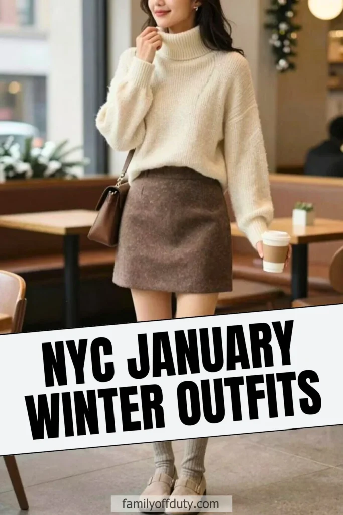 Chic winter outfit with cozy sweater and skirt, perfect for NYC January fashion trends.