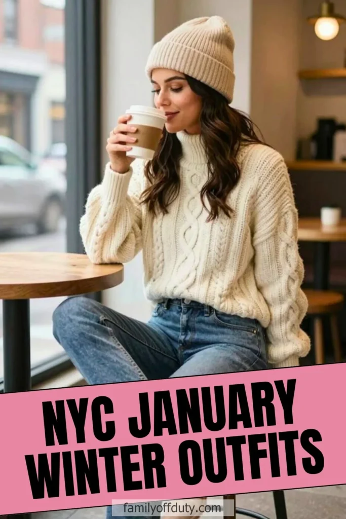 Woman in cozy winter outfit with knit sweater and beanie enjoys coffee in NYC cafe.