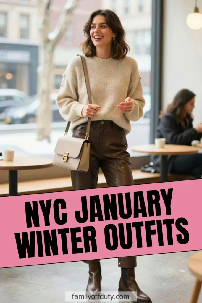 Smiling woman wearing a cozy NYC winter outfit: sweater, leather pants, and boots. Fashion inspiration for January.