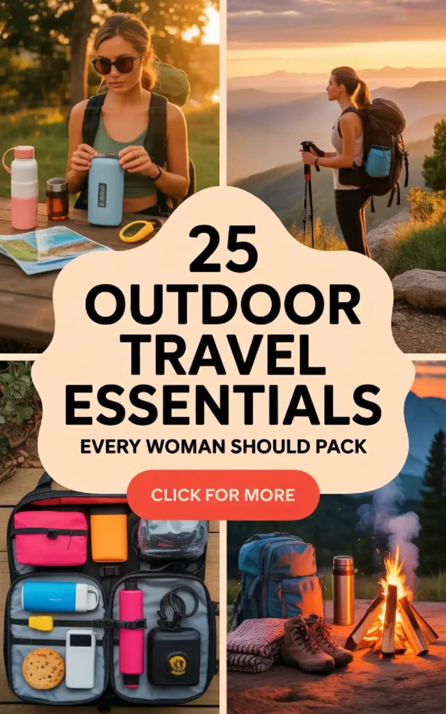 Collage of outdoor travel essentials featuring a woman packing gear, hiking, and camping items for women travelers.