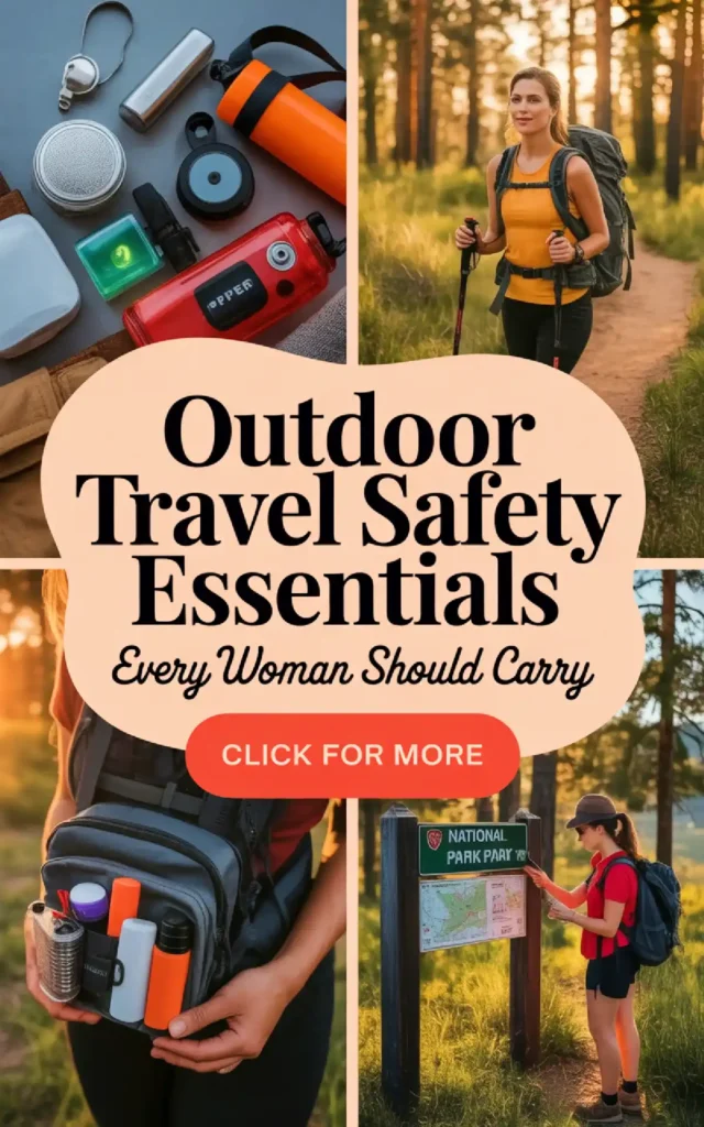Montage of outdoor travel safety essentials for women, featuring hiking gear and tips for safe adventures.