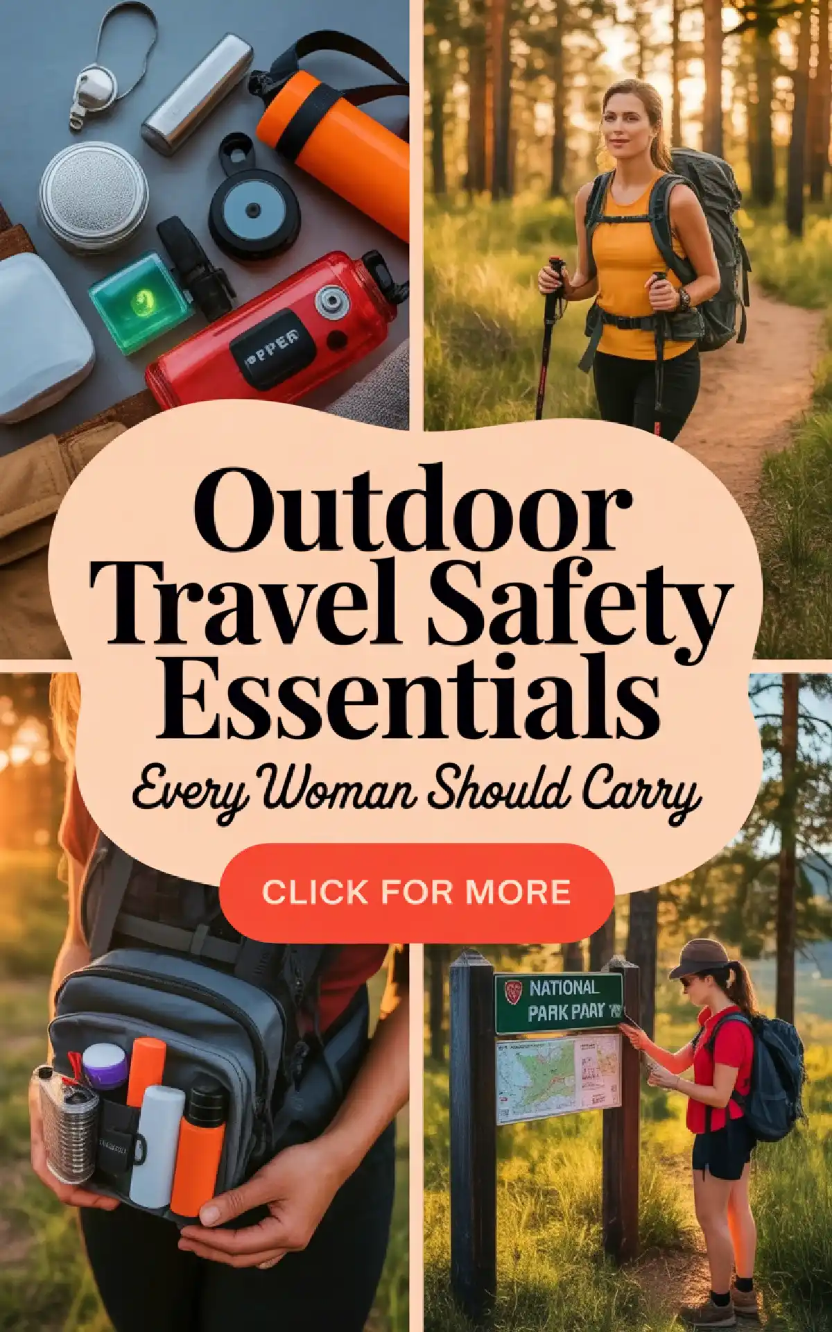 Montage of outdoor travel safety essentials for women, featuring hiking gear and tips for safe adventures.