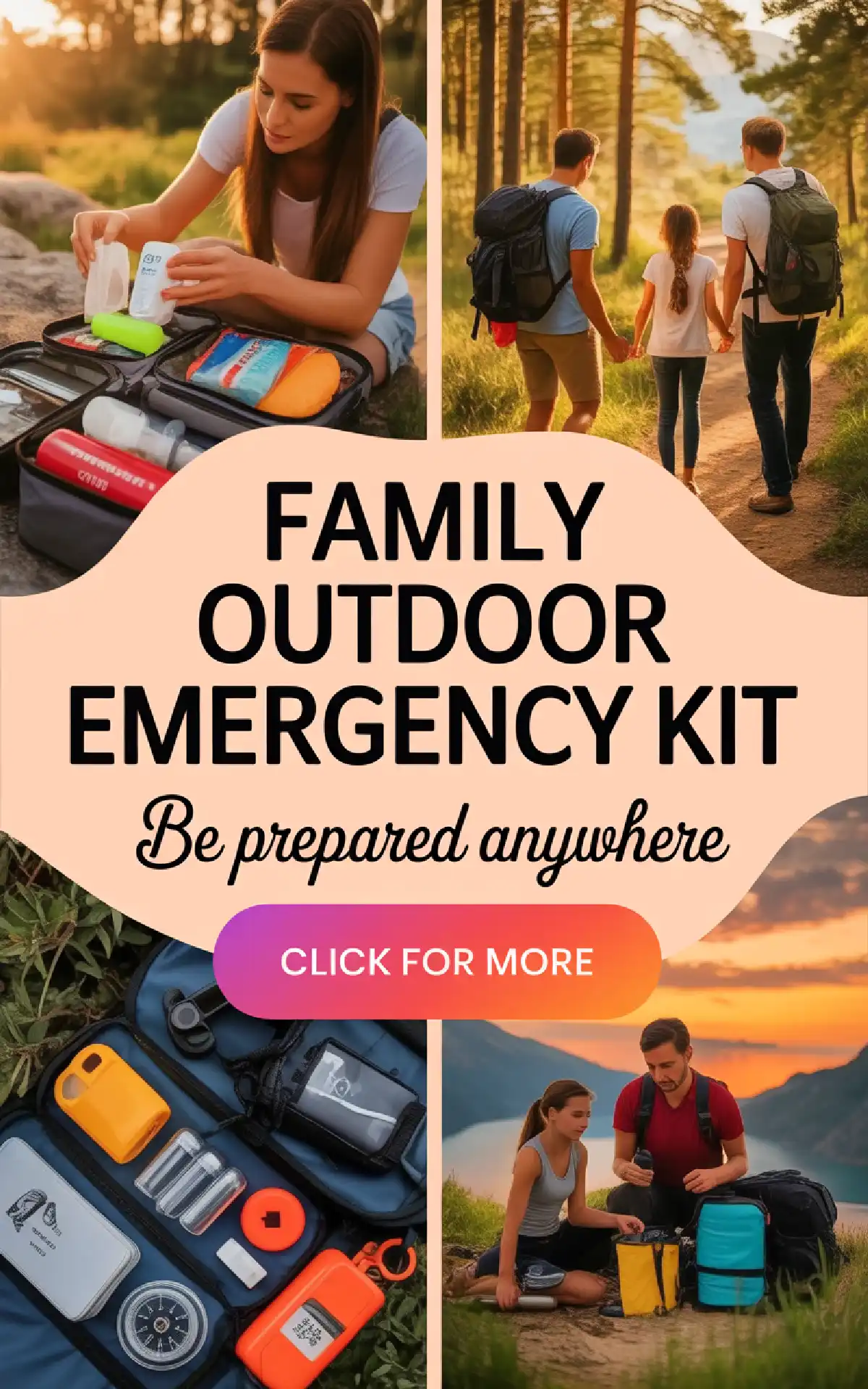 Family outdoor emergency kit with essentials, hiking family, and products for safety. Be prepared for any adventure.