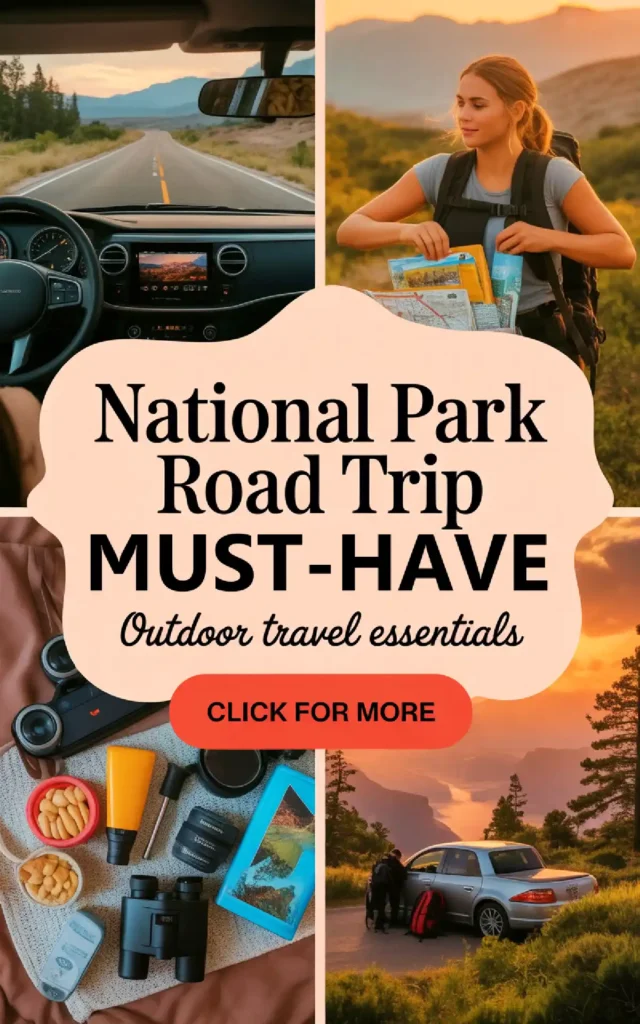 Collage of travel essentials for a national park road trip, featuring a car interior and a backpacker planning her adventure.