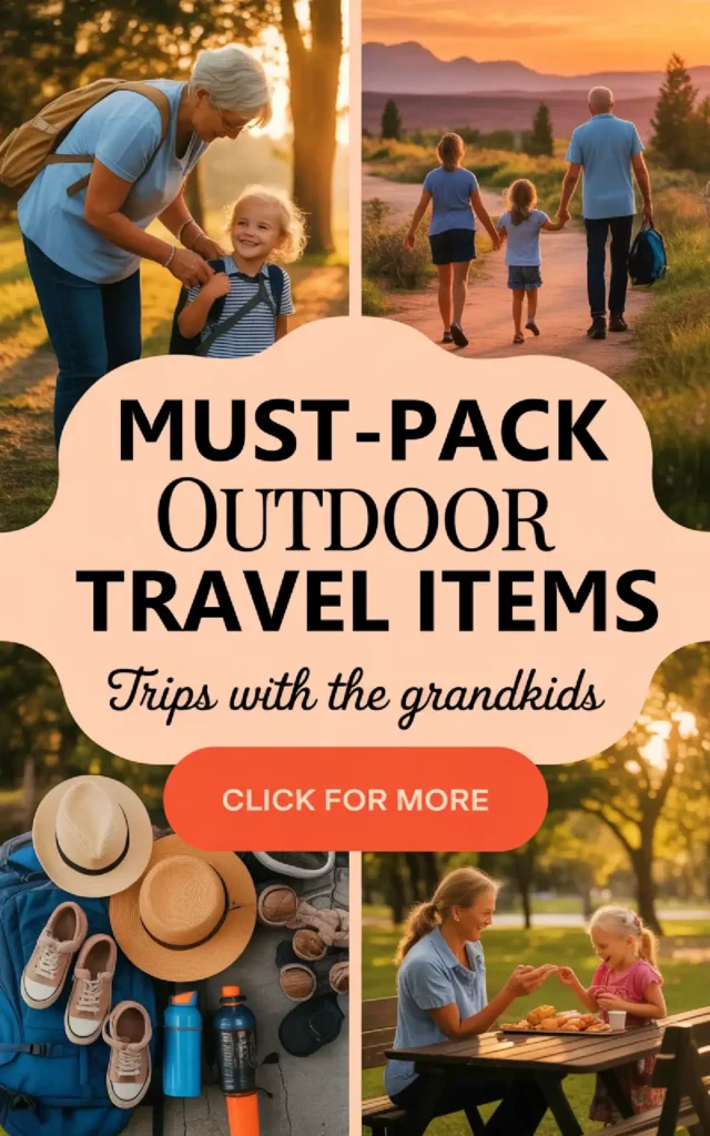 Collage of outdoor travel essentials for trips with grandkids, featuring nature outings and fun family activities.