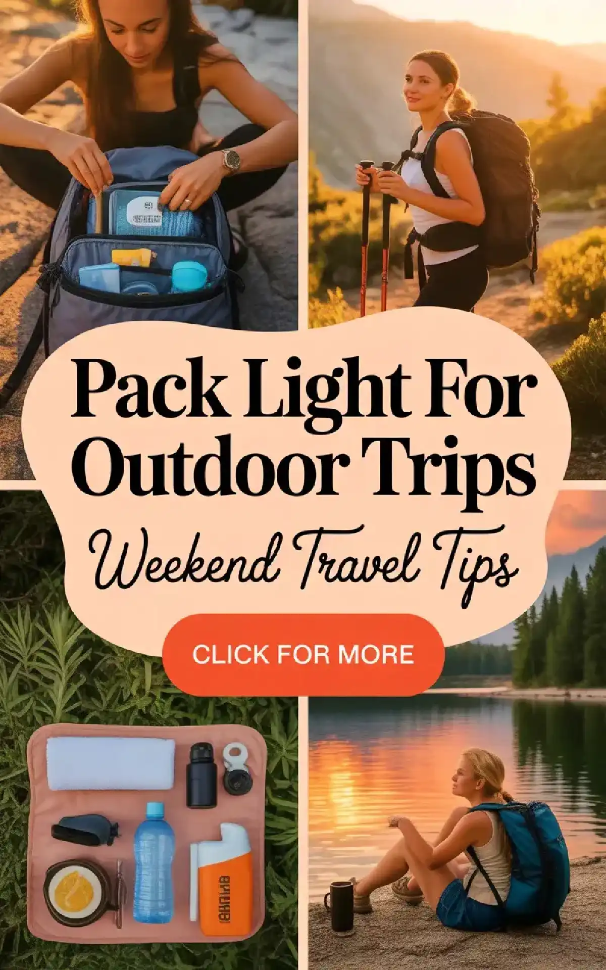 Collage of tips for packing light for outdoor trips, featuring travel essentials and scenic hiking moments.
