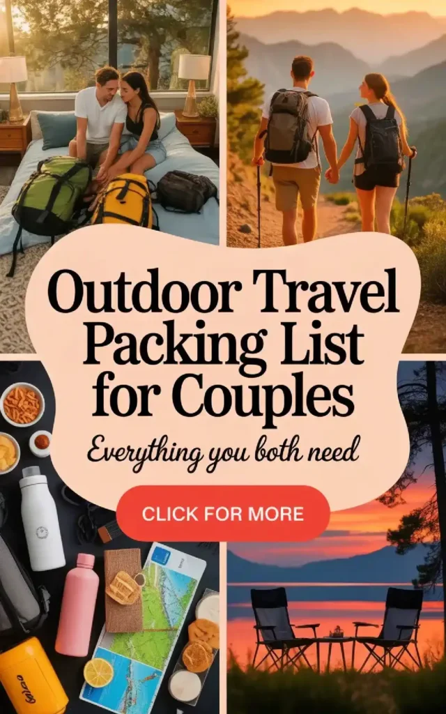 Couples preparing for an outdoor adventure with packing list essentials and scenic sunset backdrop.