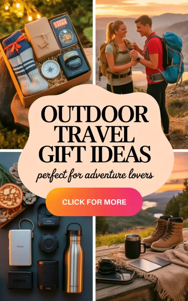 Alt text: Collage of outdoor travel gifts, featuring gear, accessories, and couple enjoying adventures together.