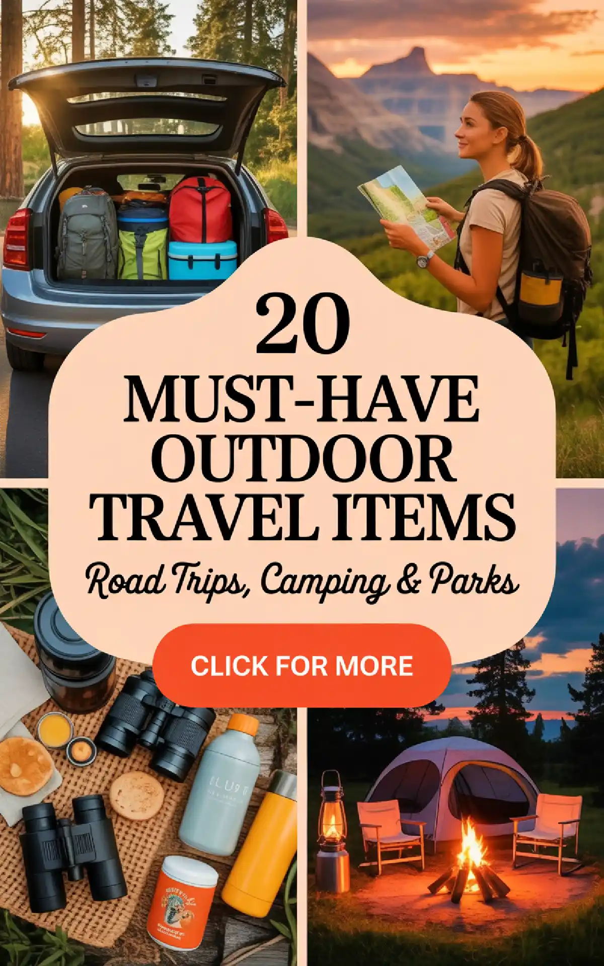 Collage of essential outdoor travel items for camping and road trips, featuring gear and scenic views. Explore more!