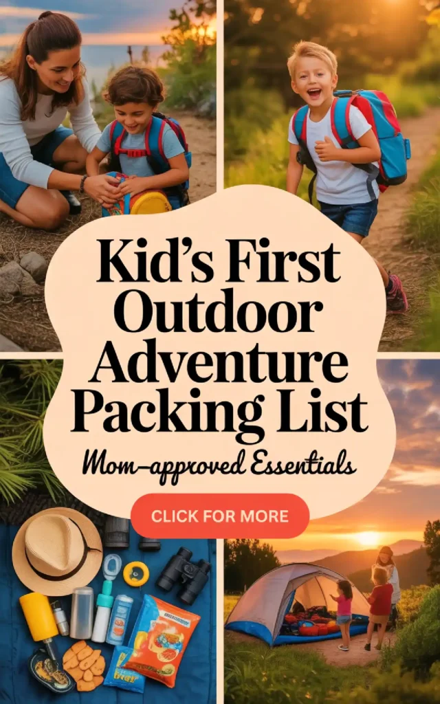 Collage of kids' outdoor adventure essentials, including packing list items for a fun family outing. Mom-approved tips.
