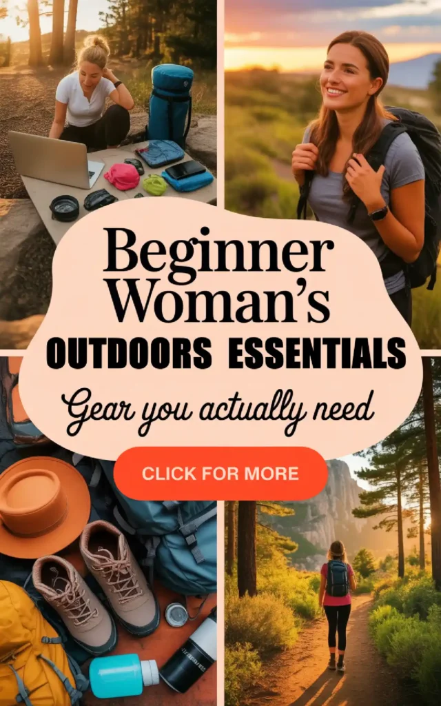 Image showcasing outdoor essentials for beginner women, including gear and scenic hiking views.