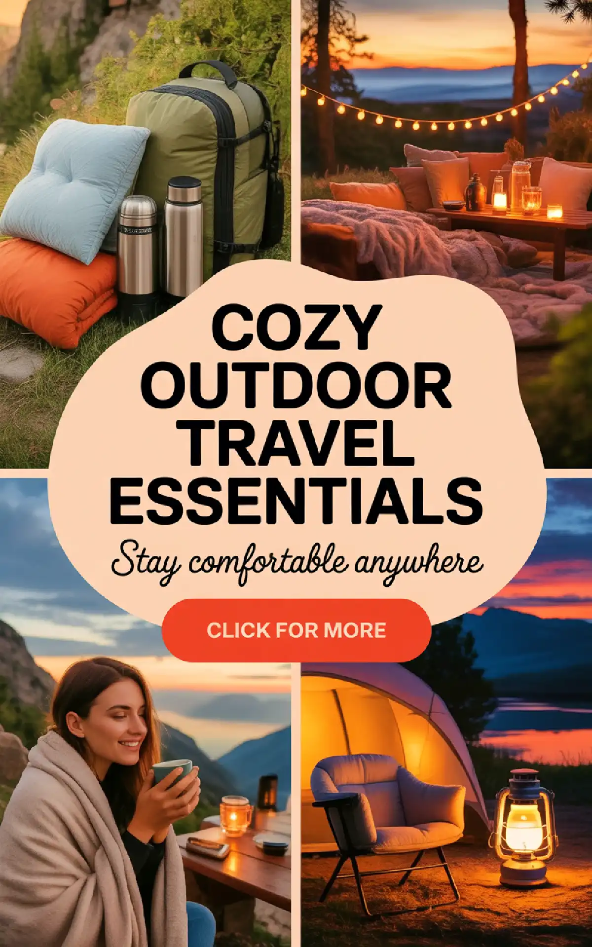 Cozy outdoor travel essentials include blankets, pillows, and lanterns for a comfortable camping experience.