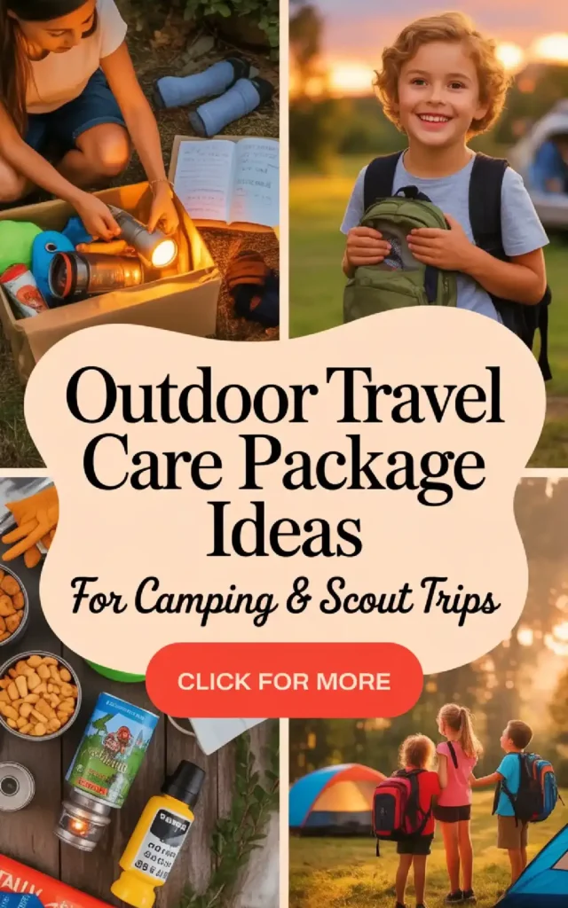 Collage of outdoor travel care package ideas for camping and scout trips, featuring tools, snacks, and happy kids.