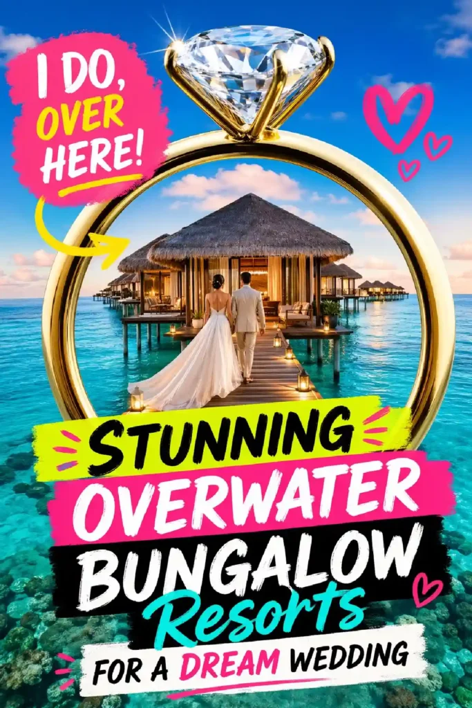 Stunning overwater bungalow resorts for a dream wedding, featuring a couple walking hand in hand in a picturesque setting.