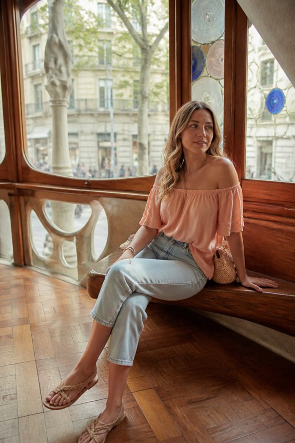 peach blouse cropped jeans