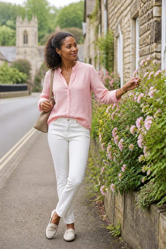pink blouse white jeans loafers