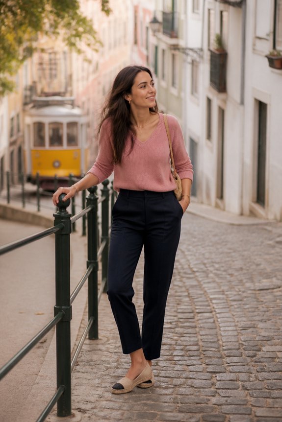 pink knit top navy pants