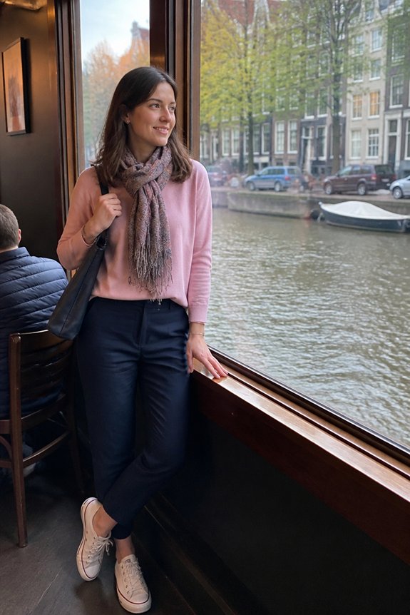 pink long sleeve navy pants