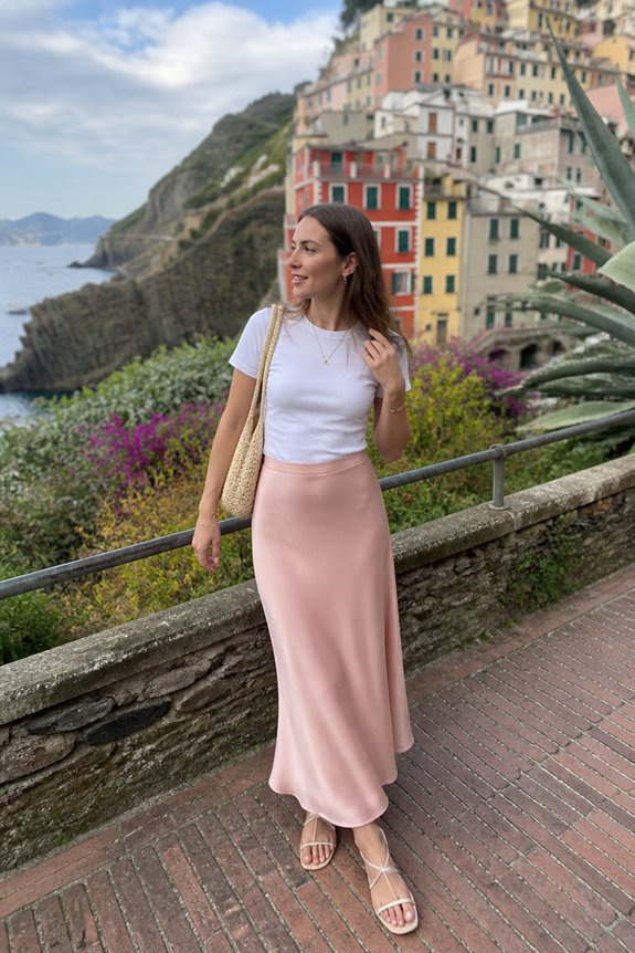 pink skirt white tee sandals