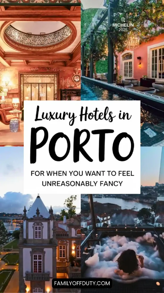 Collage of luxury hotels in Porto featuring opulent interiors, scenic views, and indulgent amenities for lavish getaways.
