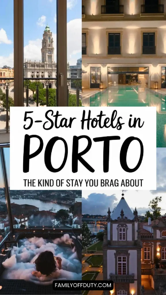 Alt text: Collage of five-star hotels in Porto featuring views, pools, and luxurious amenities for a memorable stay.