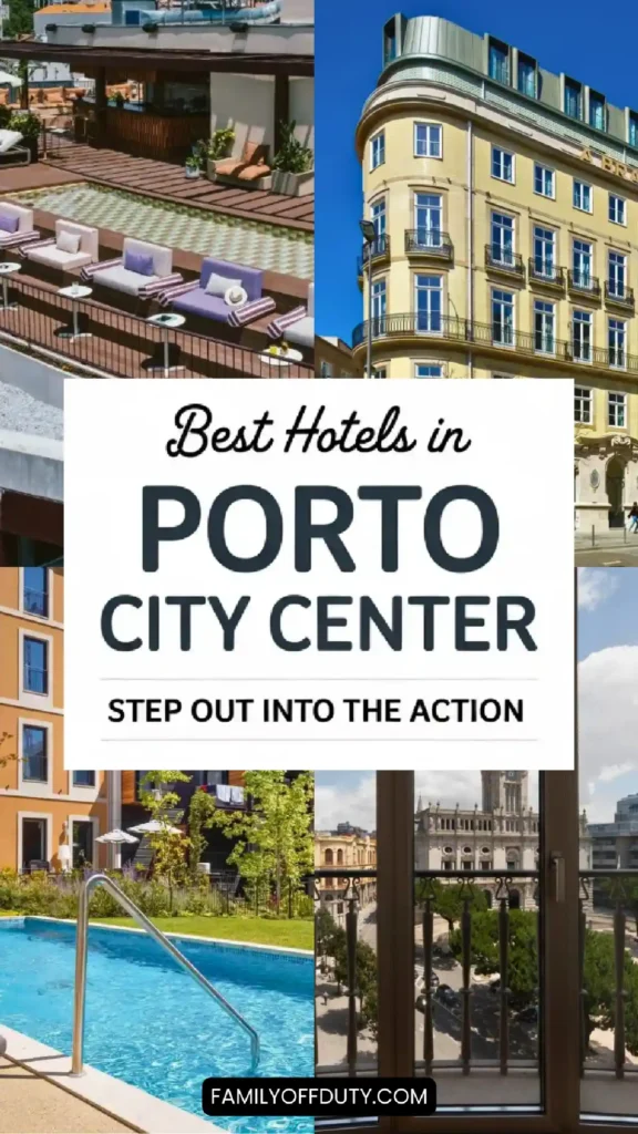 Alt text: Collage of Porto city center hotels featuring a pool, outdoor lounge, and scenic views for travelers.