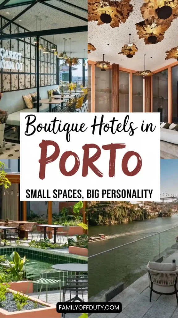 Alt text: Collage of boutique hotels in Porto showcasing stylish interiors, unique designs, and scenic river views.