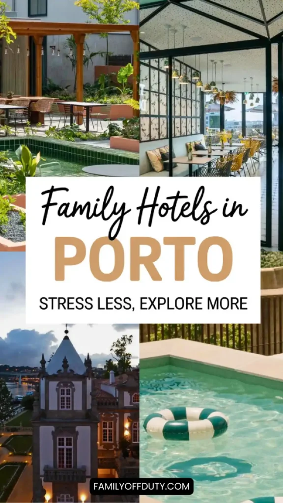 Collage of family-friendly hotels in Porto with lush gardens, pools, and inviting dining spaces for a relaxing stay.