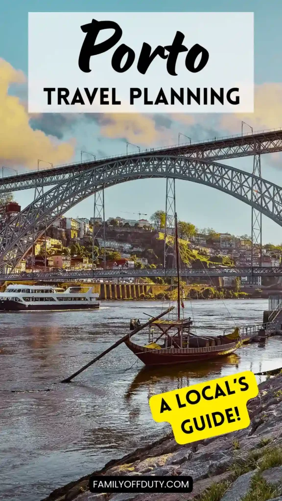 Beautiful Porto skyline featuring the iconic bridge, boats, and local travel planning guide.