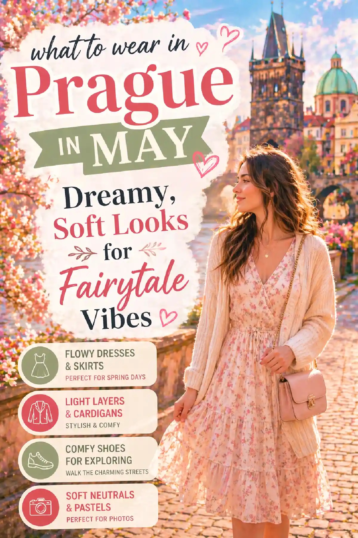 Alt text: Guide for May outfits in Prague featuring flowy dresses, soft looks, and scenic backgrounds for dreamy vibes.