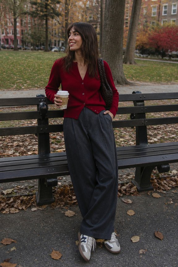 red cardigan charcoal pants