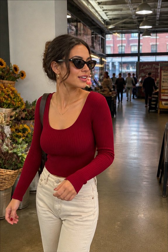 red ribbed top jeans sunglasses