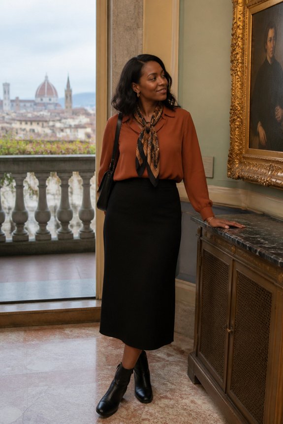 rust blouse black skirt printed scarf