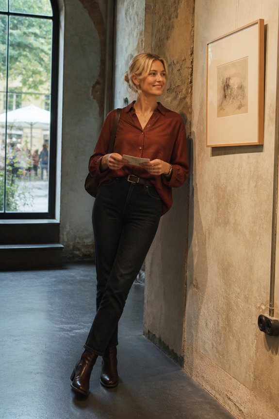 rust blouse dark jeans boots