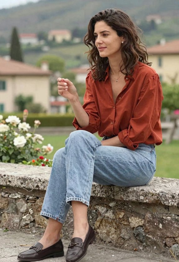 rust blouse light jeans