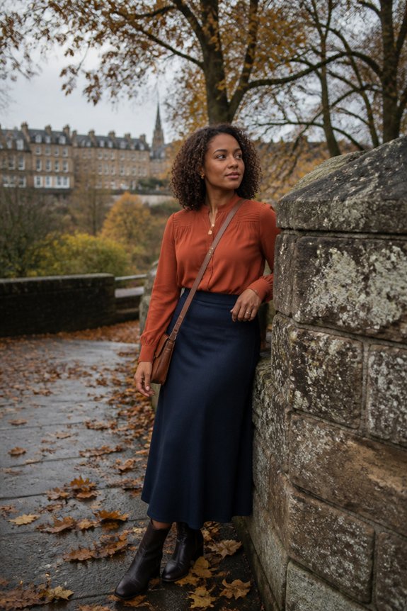 rust blouse navy skirt leather bag