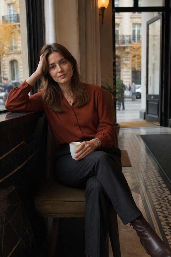 rust blouse tailored trousers