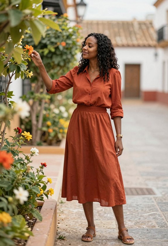 rust blouse with midi skirt