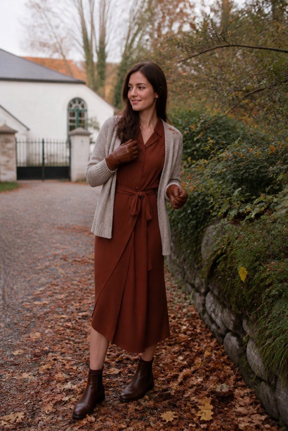 rust dress with cardigan