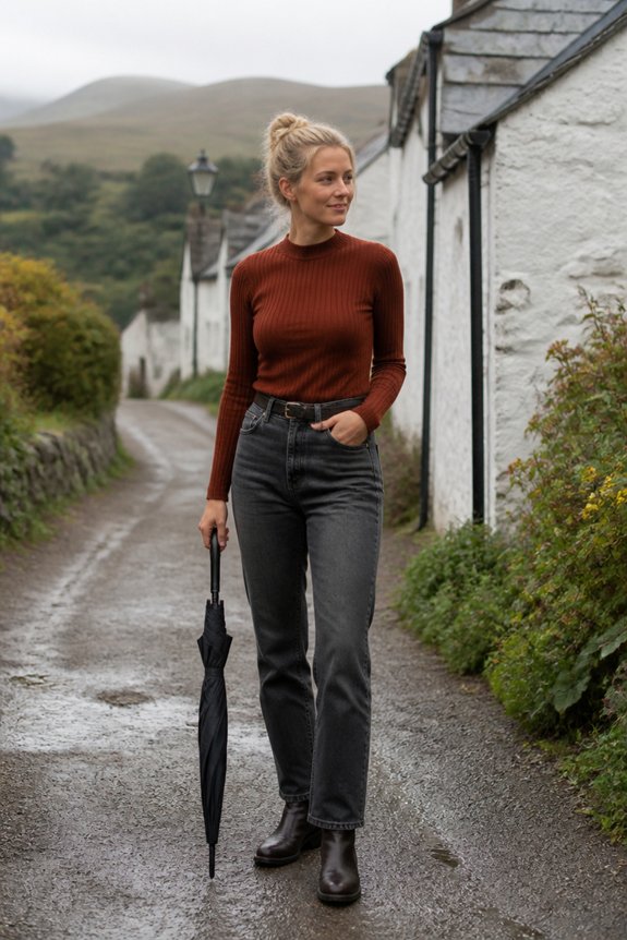 rust ribbed top outfit