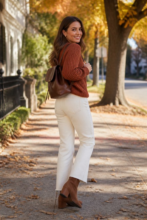 rust sweater cream jeans leather backpack