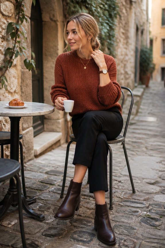 rust sweater with black trousers