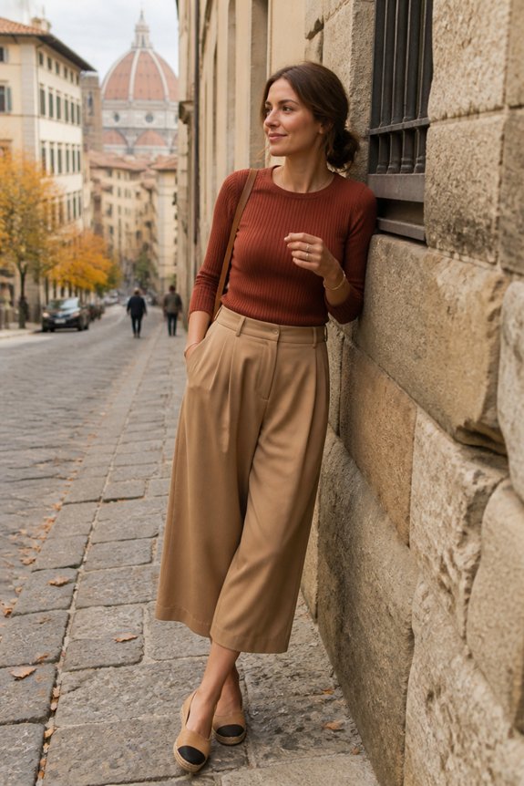 rust top camel culottes espadrille flats