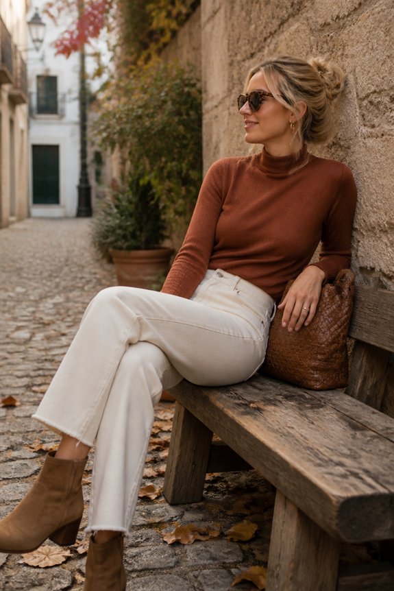 rust top cream jeans sunglasses