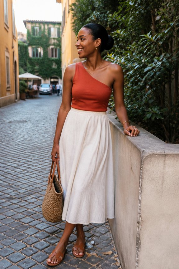 rust top cream skirt slides