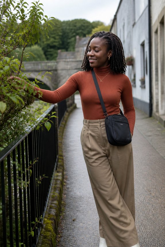 rust top khaki pants